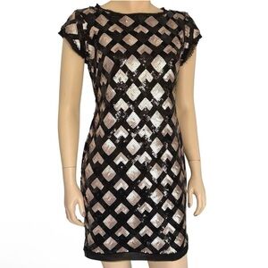 Eliza J Black Gold Sequin Party Midi Dress Cap Sleeve Cap Sleeve Size 8